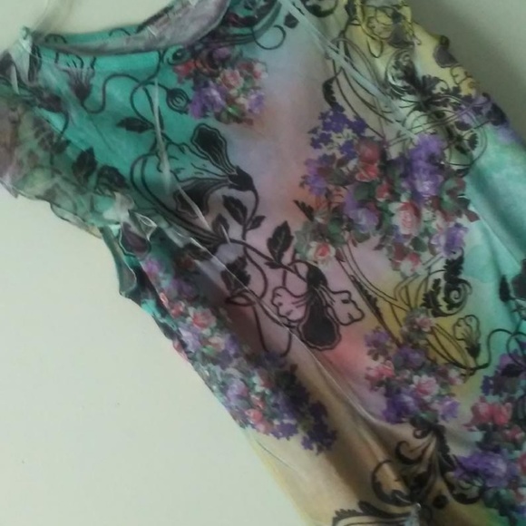 Romantic Top Floral Blouse Turquoise Lg Casual Freedom Short Sleeve Tunic Long - Picture 5 of 12